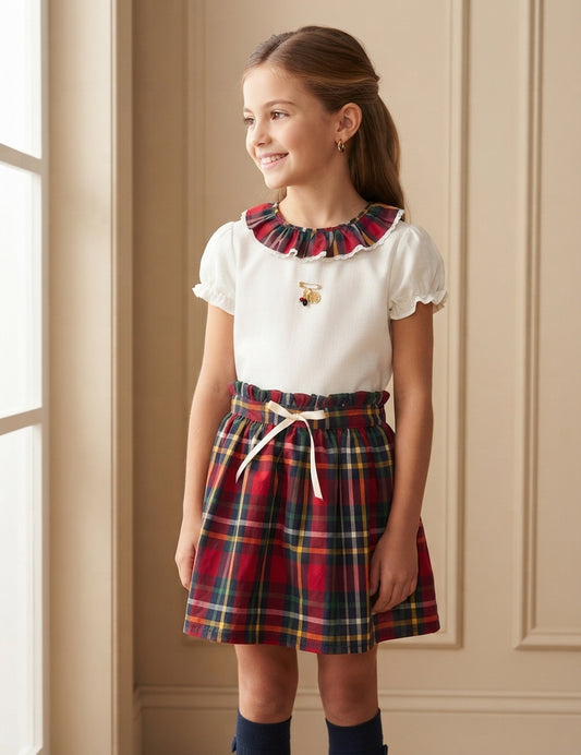 Conjunto MatchyCuello falda de grande cuadros rojos, burdeos y marino