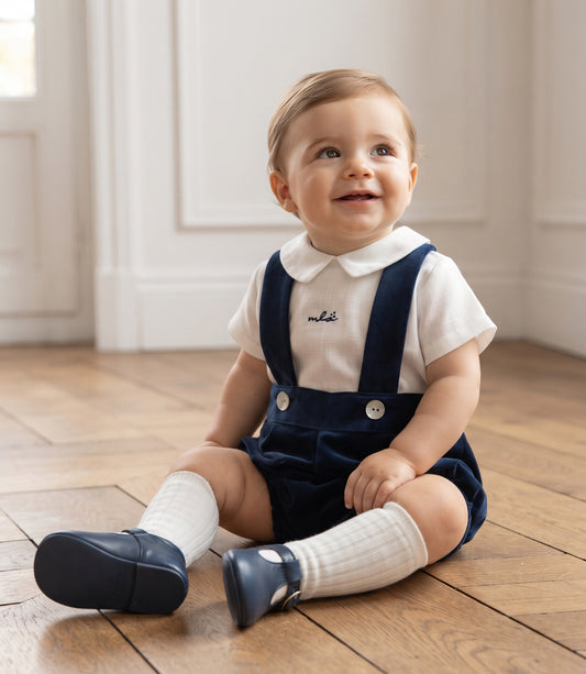Conjunto bombacha c/tirantes varón velvet marino bordado a mano