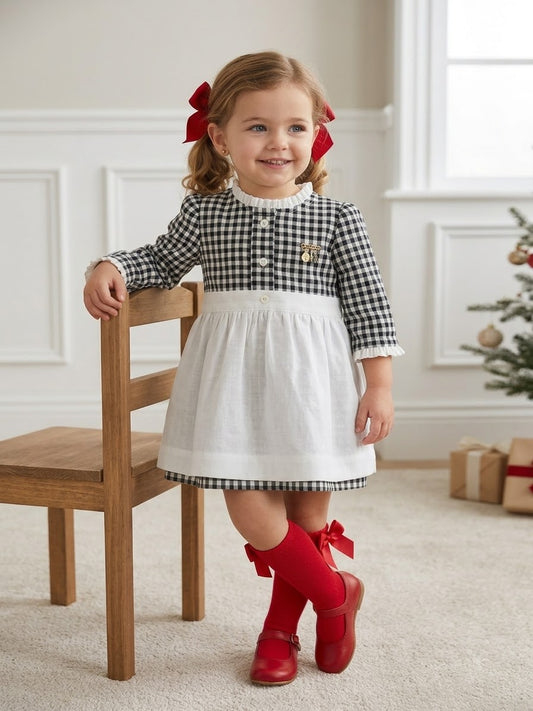Vestido manga larga vichy blanco y negro