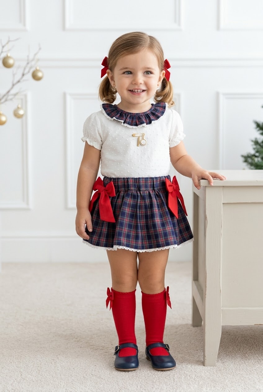 Conjunto MatchyCuello falda c/lazos rojos tartán marino y rojo