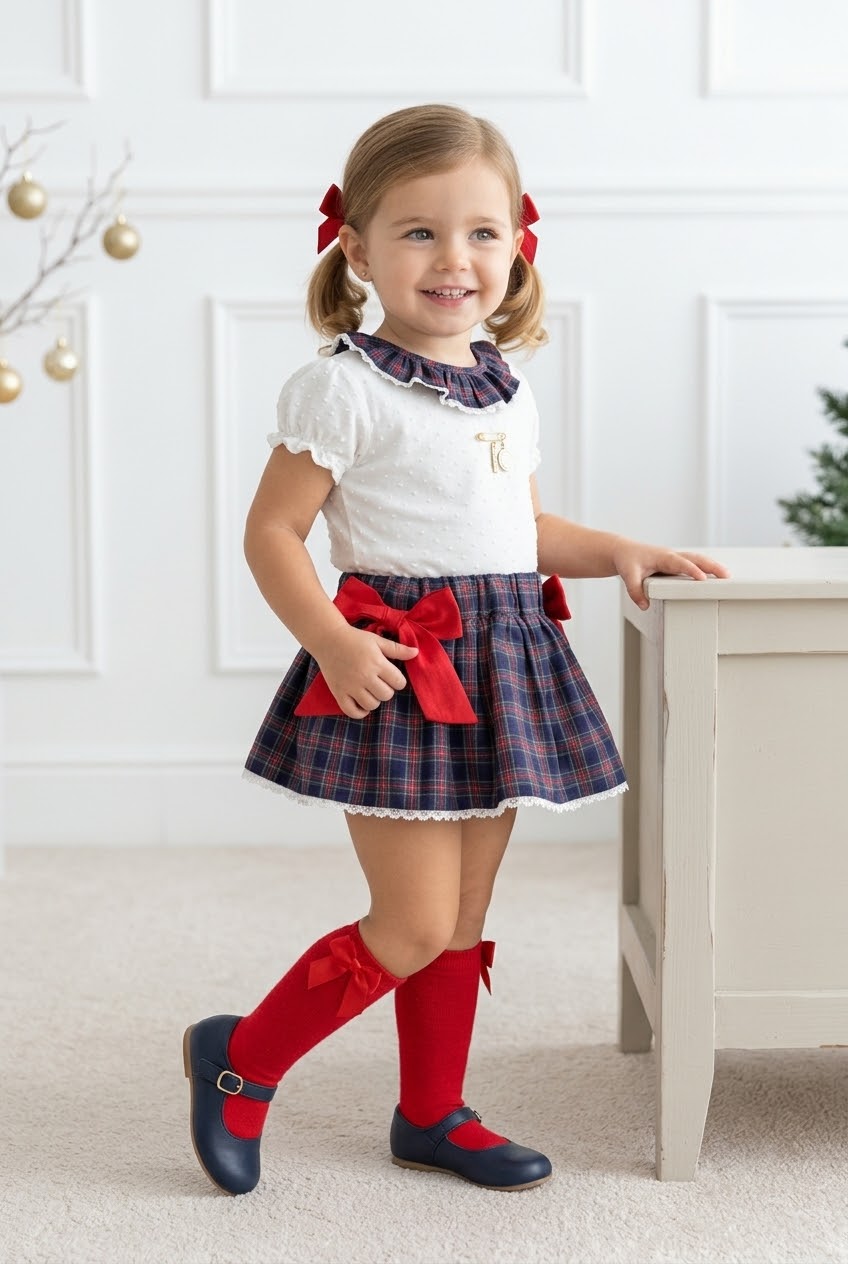 Conjunto MatchyCuello falda c/lazos rojos tartán marino y rojo