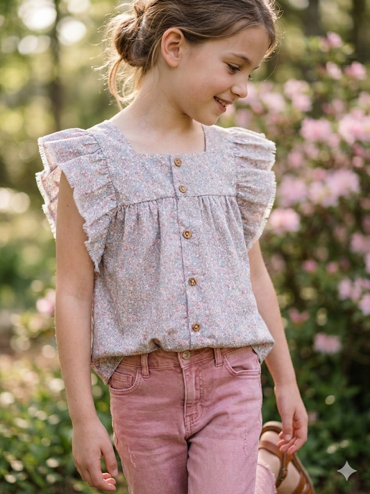 Camisa volante flores tupida rosada combinada