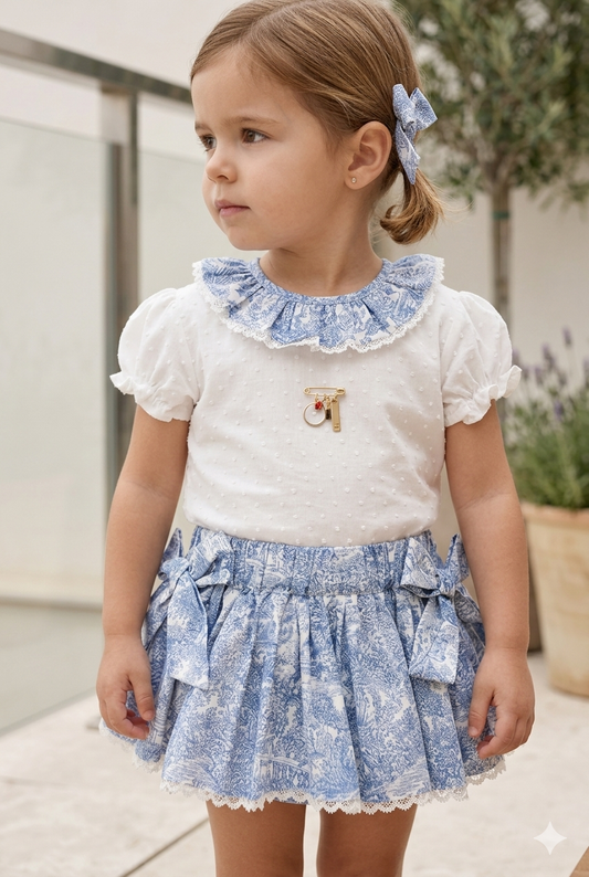 Conjunto MatchyCuello falda c/lazos toile azul