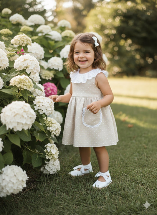 Vestido bolsillo piqué beige lunares