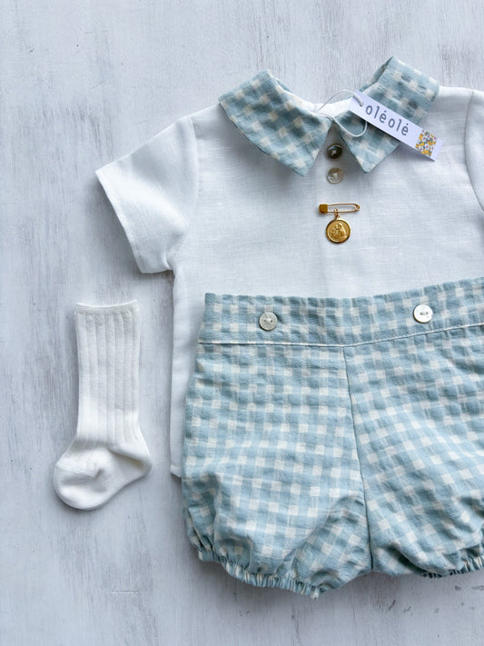 Conjunto varón bombacha cuadros turquesa y beige