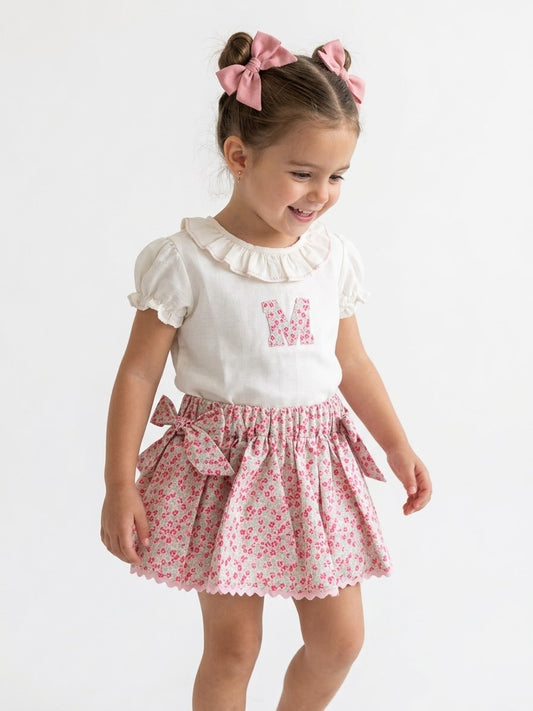 Conjunto falda c/lazos personalizado flores mini fresa y agua