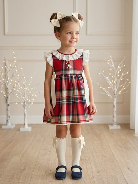 Vestido ranita cuadros rojos y crudo