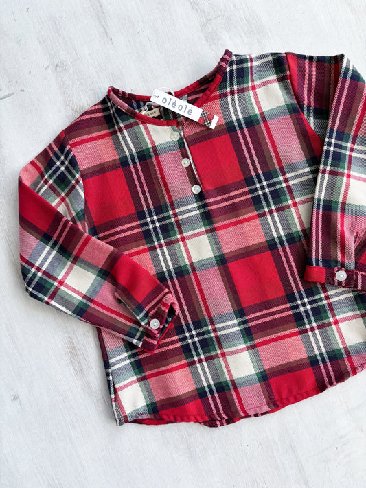 Camisa estampada varón manga larga cuadros rojos y crudo