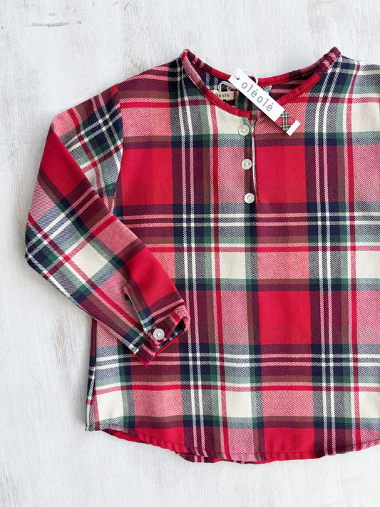 Camisa estampada varón manga larga cuadros rojos y crudo