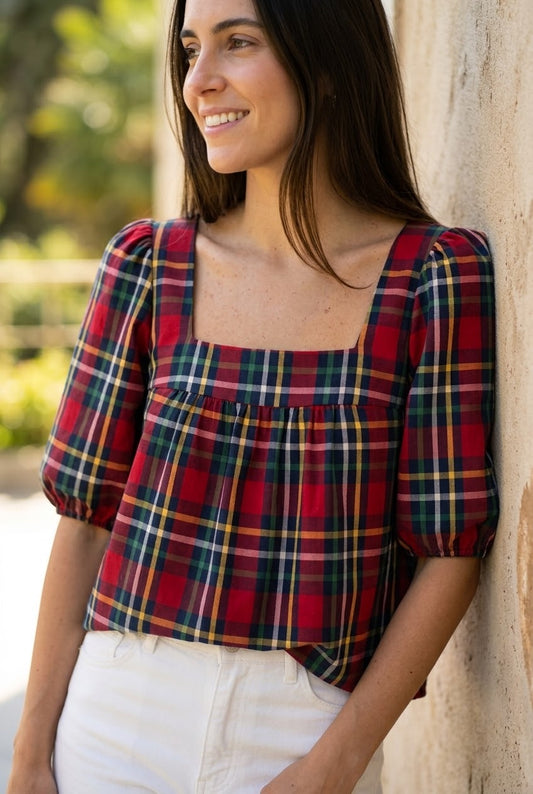 Camisa mamá cuadros rojos, burdeos y marino