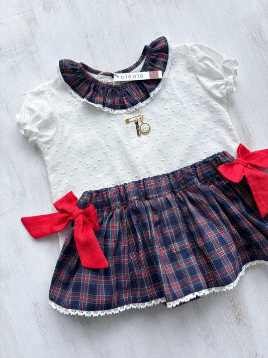 Conjunto MatchyCuello falda c/lazos rojos tartán marino y rojo