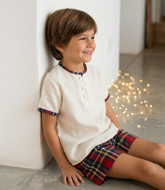 Conjunto varón short cuadros rojos, burdeos y marino