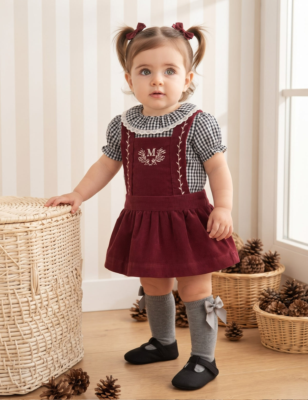 Conjunto jumper bebé pana burdeos y camisa cuadros B&N personalizado