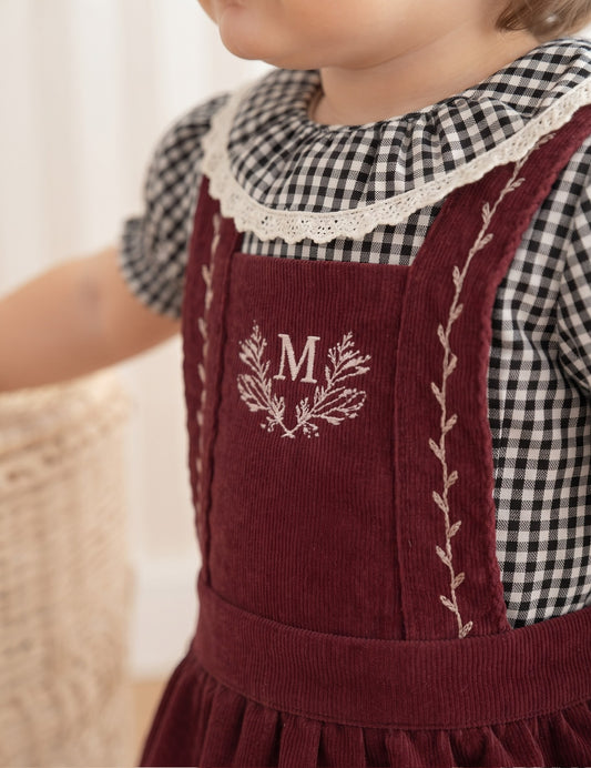 Conjunto jumper bebé pana burdeos y camisa cuadros B&N personalizado