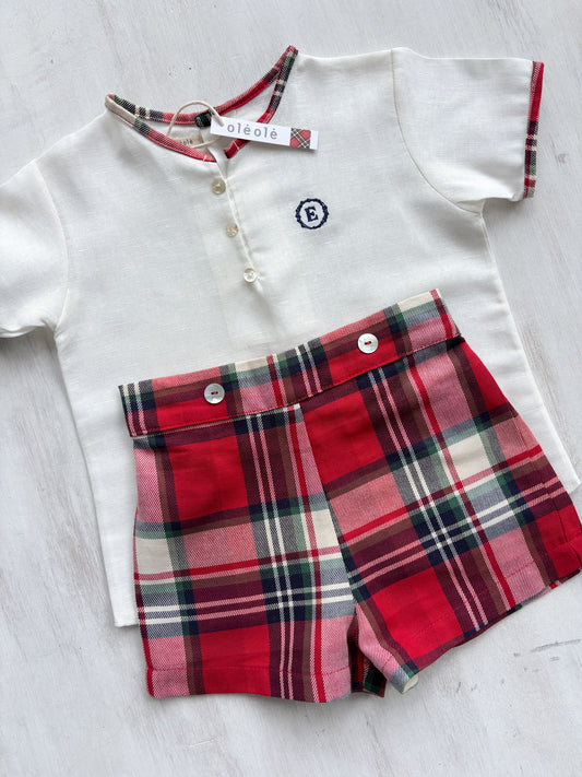 Conjunto varón short cuadros rojos y crudo personalizado
