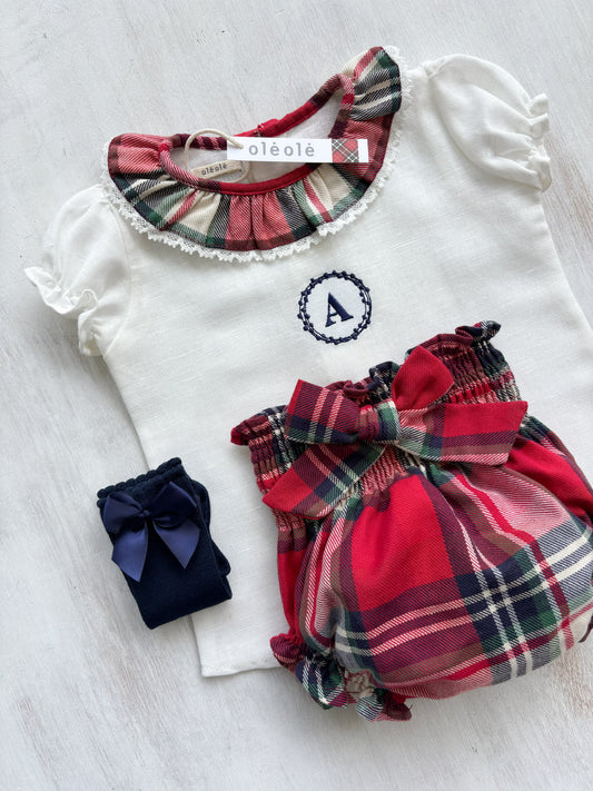 Conjunto Matchycuello bombacha cuadros rojos y crudo personalizado