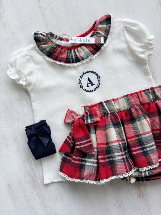 Conjunto MatchyCuello falda c/lazos cuadros rojos y crudo personalizado