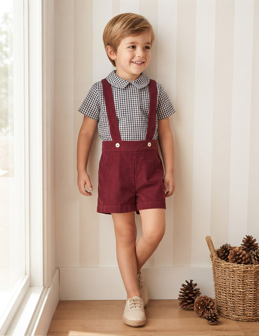 Conjunto varón short c/tirantes removibles pana burdeos y camisa cuadros B&N personalizado
