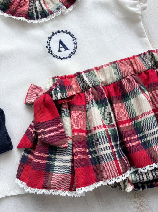 Conjunto MatchyCuello falda c/lazos cuadros rojos y crudo personalizado