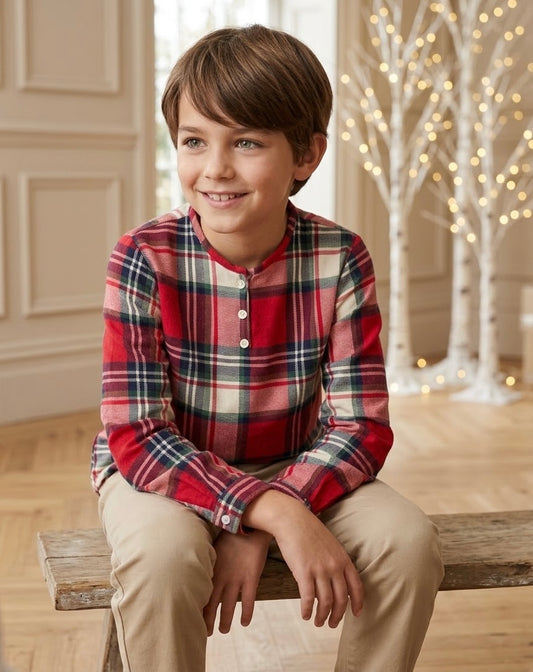 Camisa estampada varón manga larga cuadros rojos y crudo