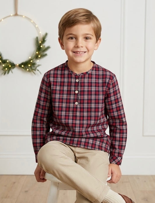 Camisa estampada varón manga larga cuadros marino y rojo
