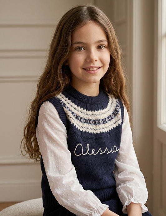 Conjunto top chaleco greca personalizado y falda arruchada cuadros marino y beige