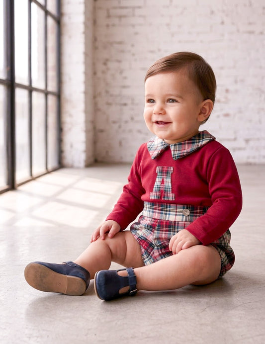 Conjunto bombacha bebé varón c/suéter personalizado tartán burdeos y beige
