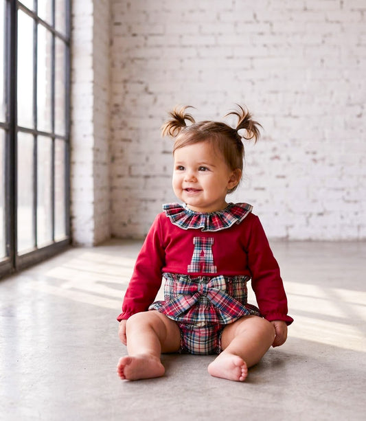 Conjunto bombacha bebé niña c/suéter personalizado tartán burdeos y beige