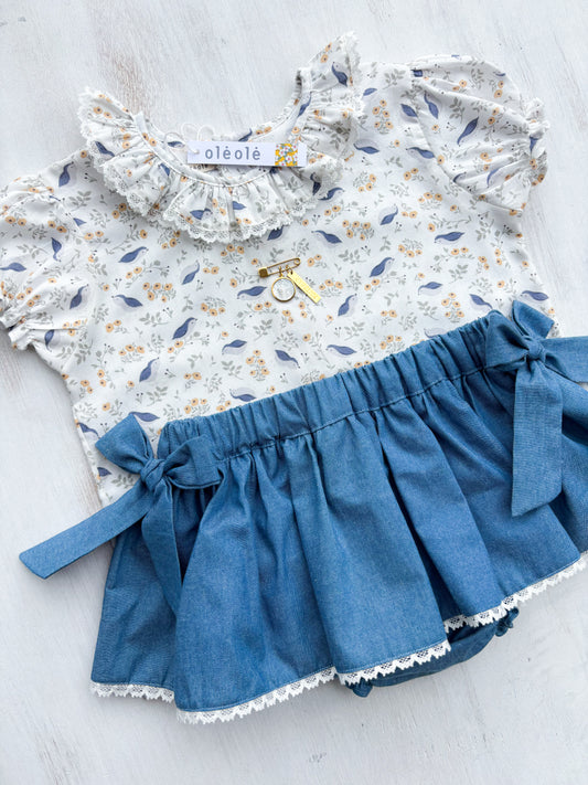 Conjunto Matchymatchy falda c/lazos pajaritos