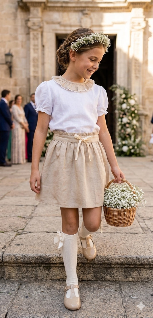 Conjunto MatchyCuello falda de grande cortejo beige y blanco