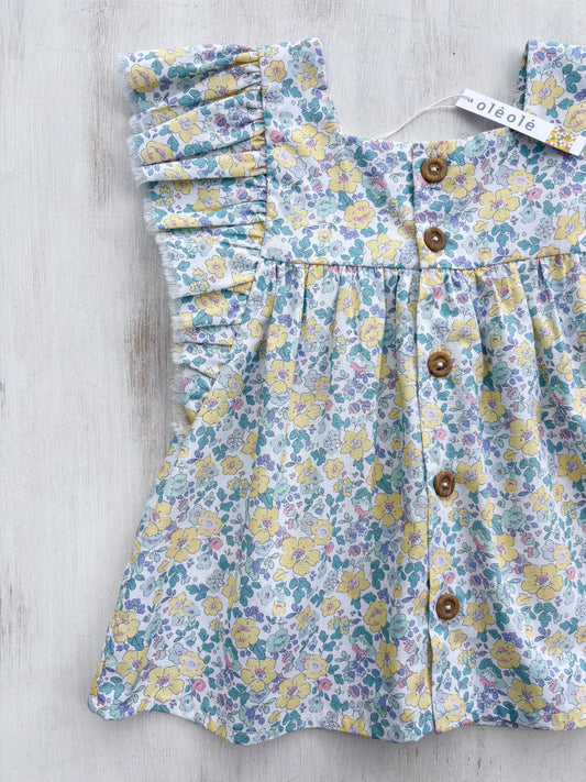 Camisa volante  flores grandes tipo liberty amarillas