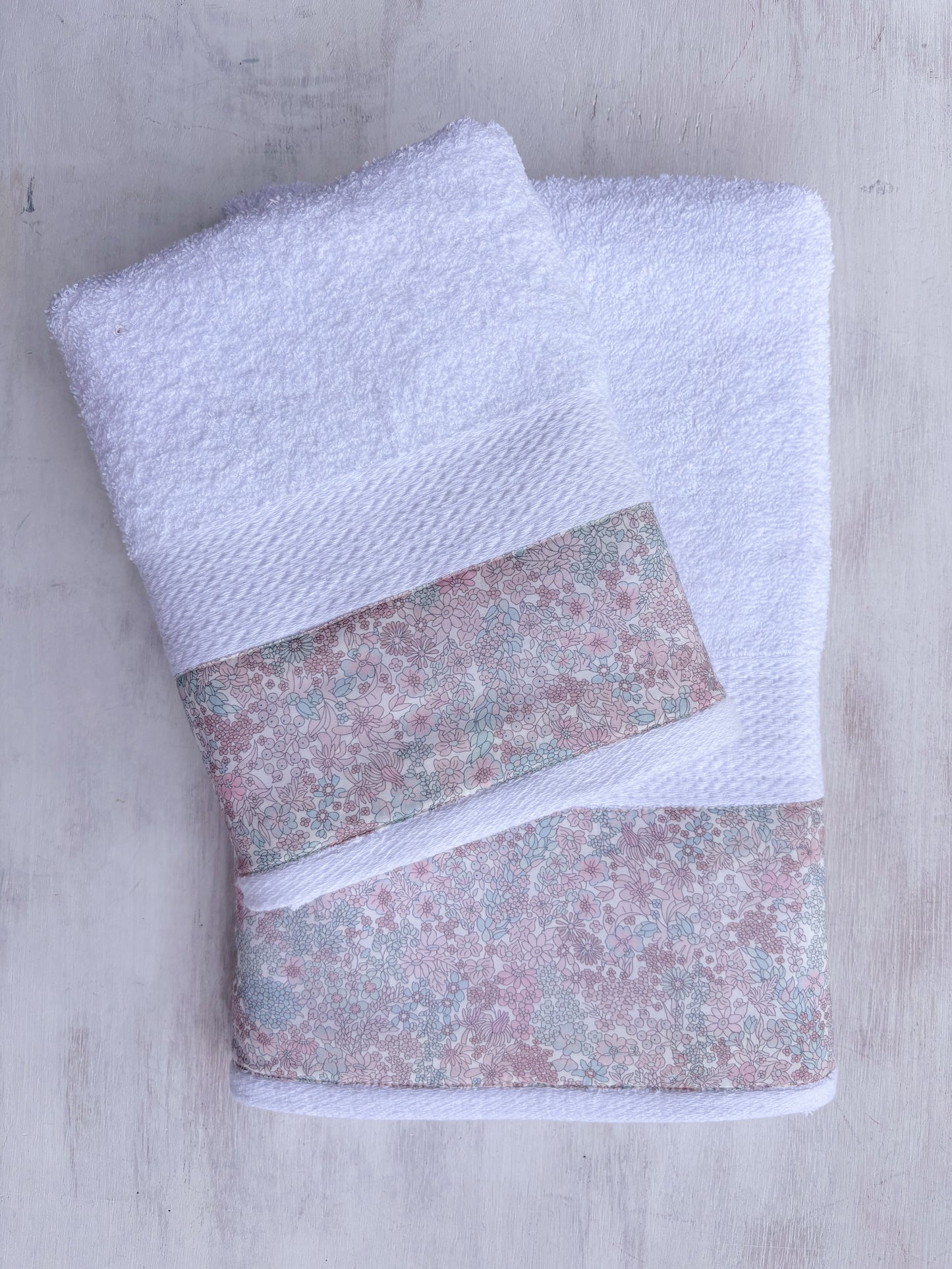 Juego de paños jardín flores rosado y verde agua