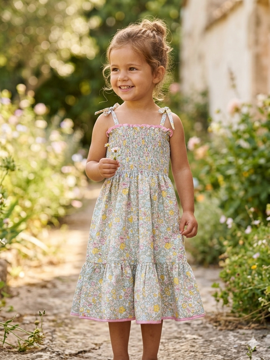 Vestido arruchado flores medinas amarillas combinadas