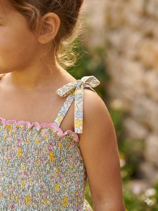 Vestido arruchado flores medinas amarillas combinadas
