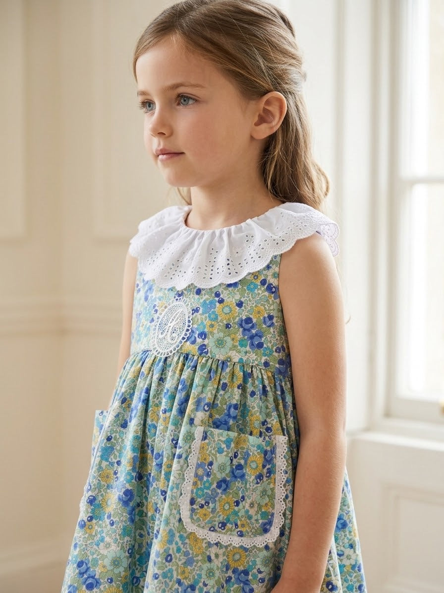 Vestido bolsillo flores tipo Liberty azul y amarillo