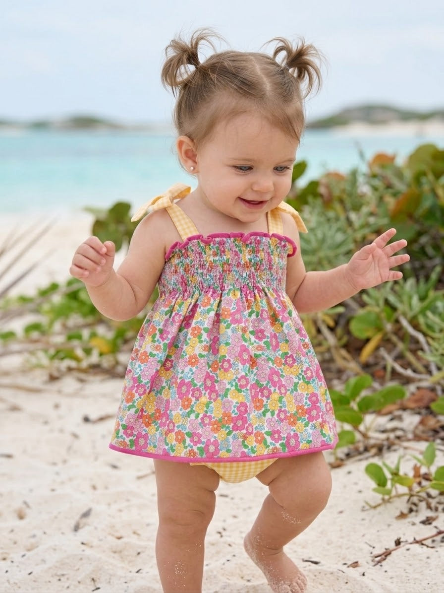 Vestido tiritas flores tipo Liberty fucsia