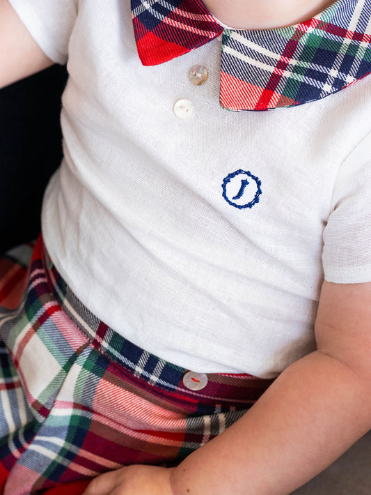 Conjunto varón bombacha cuadros rojos y crudo personalizado