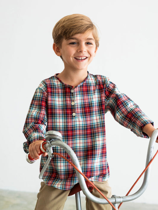 Camisa estampada varón manga larga tartán burdeos y beige