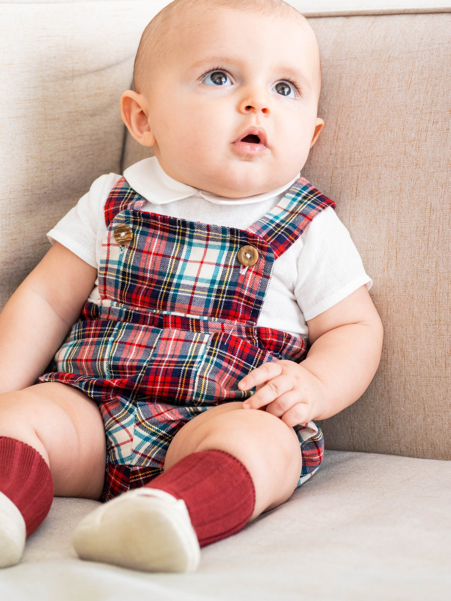 Conjunto braga varón tartán burdeos y beige