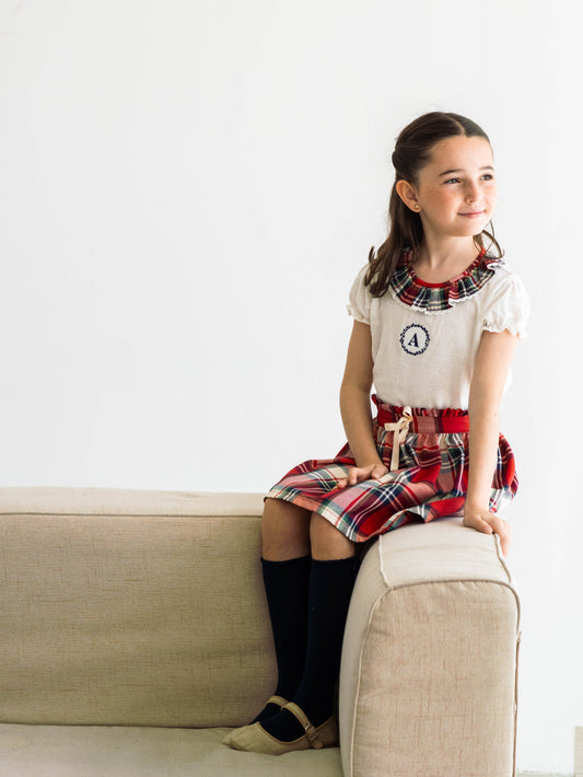 Conjunto MatchyCuello falda de grande cuadros rojos y crudo personalizado