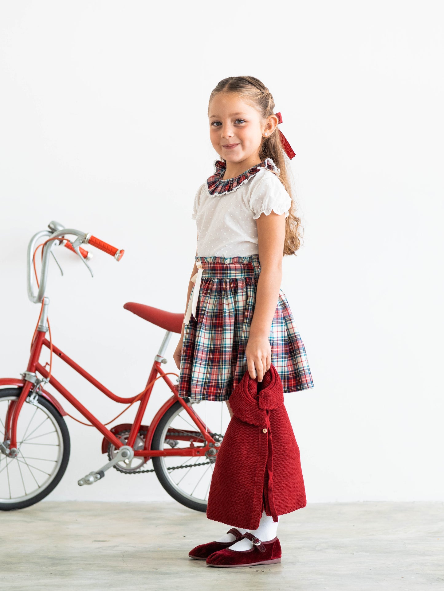 Conjunto MatchyCuello falda de grande tartán burdeos y beige