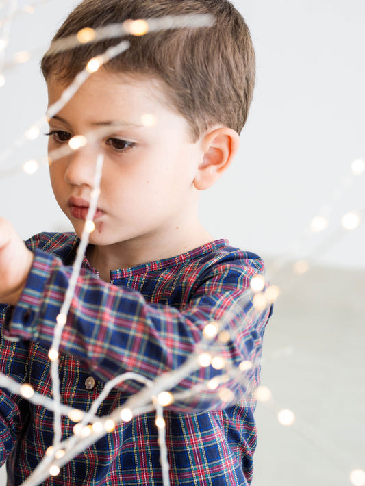 Camisa estampada varón manga larga tartán marino y rojo