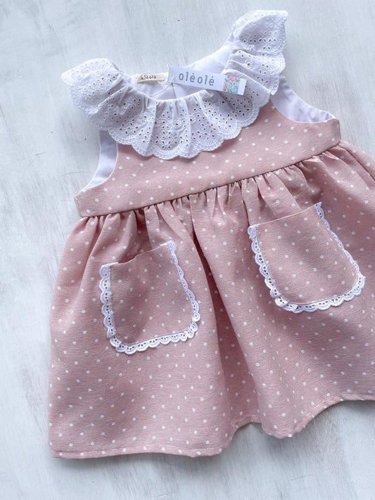 Vestido bolsillo piqué rosa palo lunares