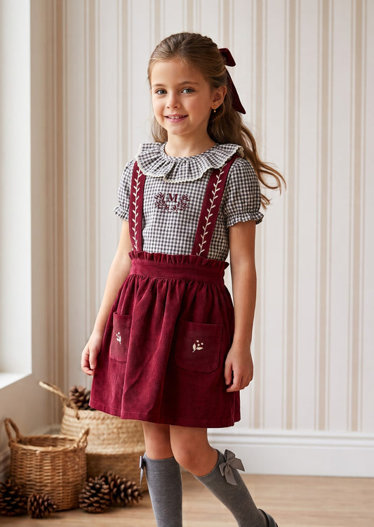 Conjunto falda c/tirantes removibles pana burdeos y camisa cuadros B&N  personalizado